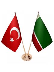 Masa Üstü Çeçenistan Bayrağı Türk Bayrağı İkili Pirinç Direk Masa Bayrak Seti
