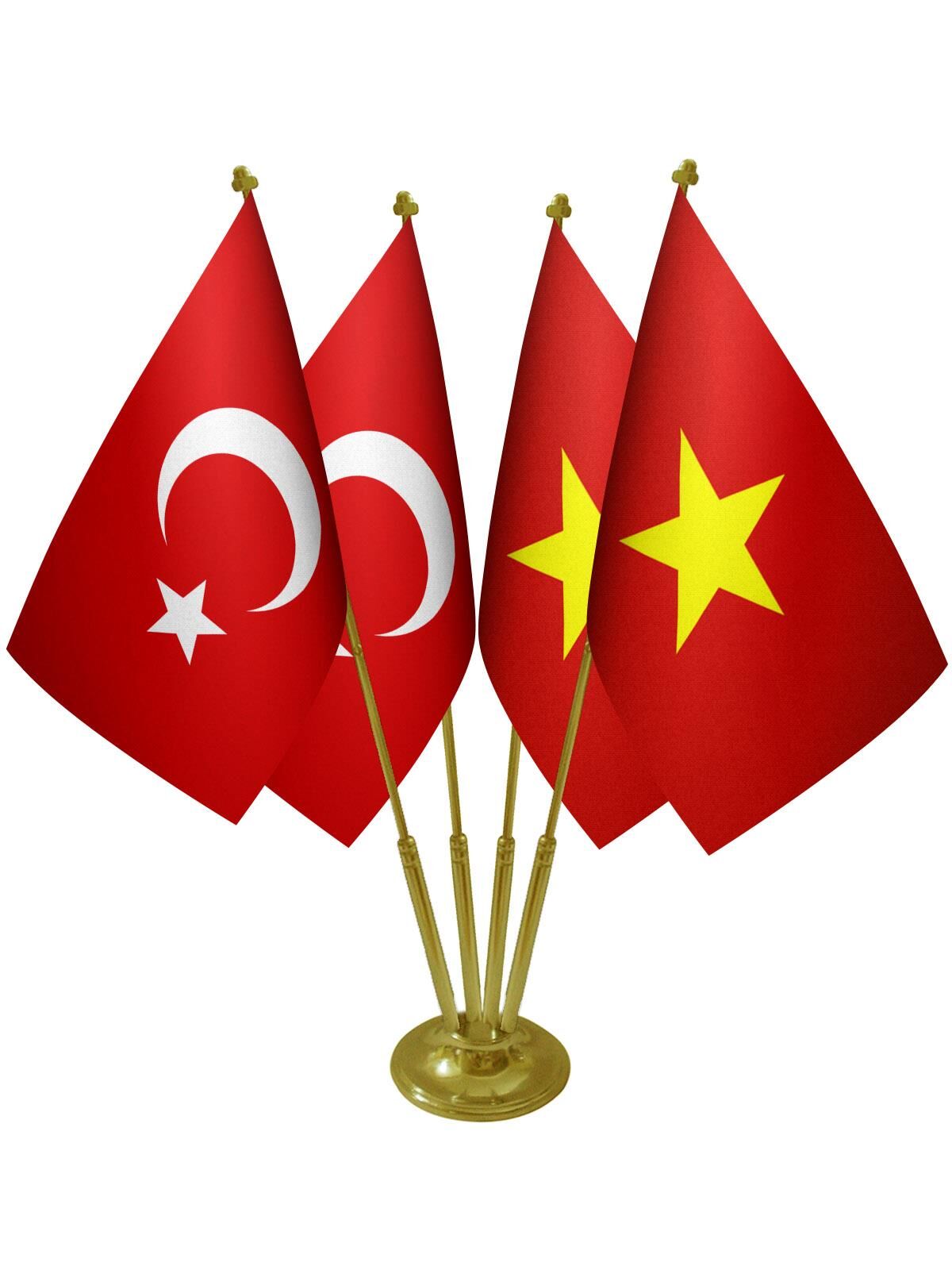 Masa Üstü Vietnam Bayrağı Türk Bayrağı Dörtlü Pirinç Direk Masa Bayrak Seti