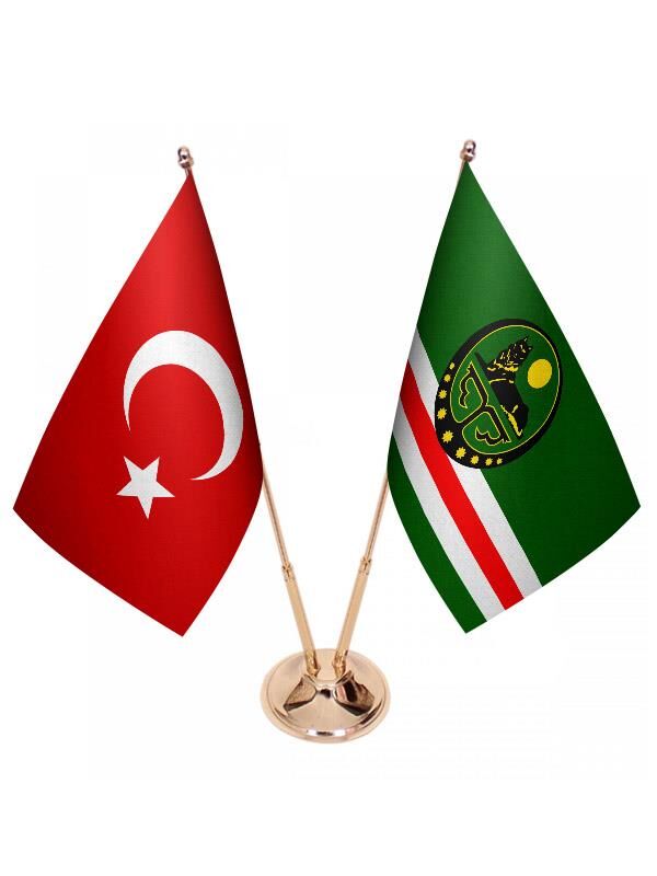 Masa Üstü Çeçenistan İçkerya Bayrağı Türk Bayrağı İkili Pirinç Direk Masa Bayrak Seti