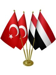 Masa Üstü Yemen Bayrağı Türk Bayrağı Dörtlü Pirinç Direk Masa Bayrak Seti