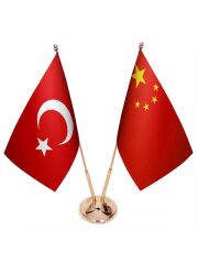 Masa Üstü Çin Bayrağı Türk Bayrağı İkili Pirinç Direk Masa Bayrak Seti