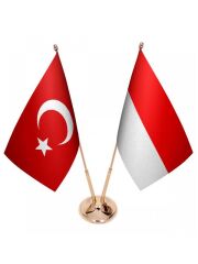 Masa Üstü Endonezya Bayrağı Türk Bayrağı İkili Pirinç Direk Masa Bayrak Seti