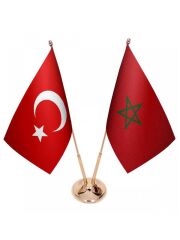 Masa Üstü Fas Bayrağı Türk Bayrağı İkili Pirinç Direk Masa Bayrak Seti