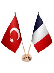 Masa Üstü Fransa Bayrağı Türk Bayrağı İkili Pirinç Direk Masa Bayrak Seti