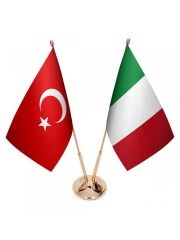 Masa Üstü İtalya Bayrağı Türk Bayrağı İkili Pirinç Direk Masa Bayrak Seti