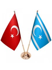 Masa Üstü Kerkük Türkmeneli Bayrağı Türk Bayrağı İkili Pirinç Direk Masa Bayrak Seti