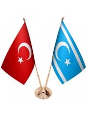 Masa Üstü Kerkük Türkmeneli Bayrağı Türk Bayrağı İkili Pirinç Direk Masa Bayrak Seti