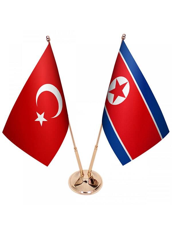 Masa Üstü Kuzey Kore Bayrağı Türk Bayrağı İkili Pirinç Direk Masa Bayrak Seti
