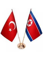 Masa Üstü Kuzey Kore Bayrağı Türk Bayrağı İkili Pirinç Direk Masa Bayrak Seti