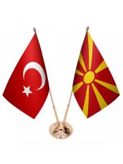 Masa Üstü Makedonya Bayrağı Türk Bayrağı İkili Pirinç Direk Masa Bayrak Seti