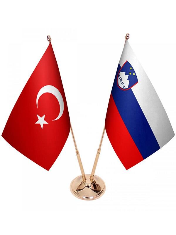Masa Üstü Slovenya Bayrağı Türk Bayrağı İkili Pirinç Direk Masa Bayrak Seti