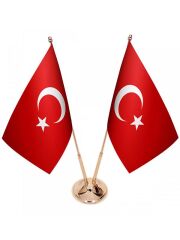 Masa Üstü İkili Türkiye Cumhuriyeti Bayrağı İkili Pirinç Direk Masa Bayrak Seti
