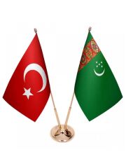 Masa Üstü Türkmenistan Bayrağı Türk Bayrağı İkili Pirinç Direk Masa Bayrak Seti