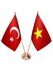 Masa Üstü Vietnam Bayrağı Türk Bayrağı İkili Pirinç Direk Masa Bayrak Seti