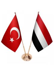 Masa Üstü Yemen Bayrağı Türk Bayrağı İkili Pirinç Direk Masa Bayrak Seti