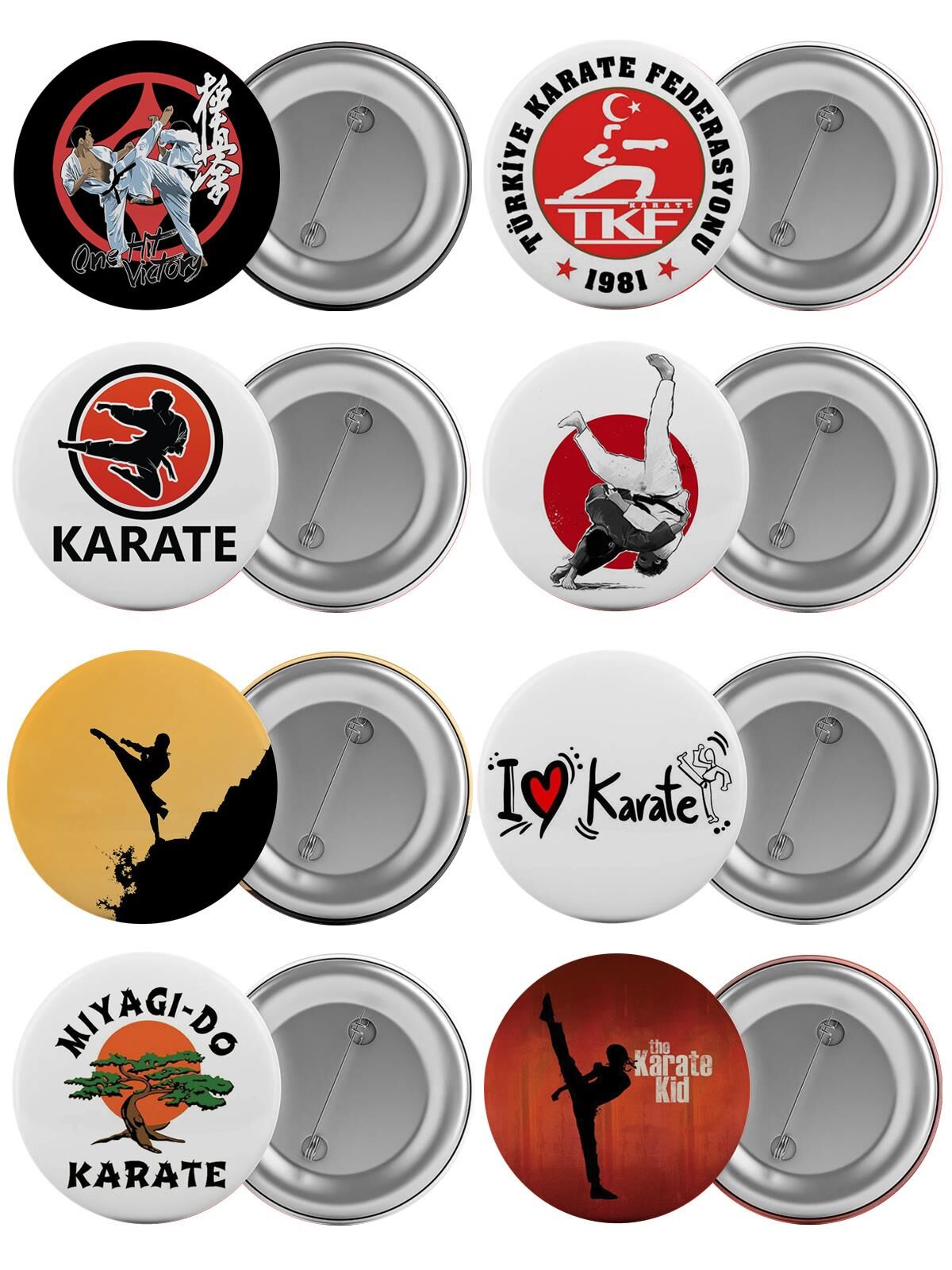 Karate Sporu Çanta Rozeti Seti 8 Adet En Büyük Boy 5.8cm İğneli Broş