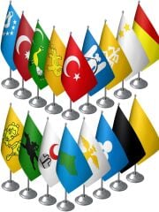 17'li Eski Türk Devletleri Masa Bayrakları Seti - 17 Krom Direk + 17 Bayrak