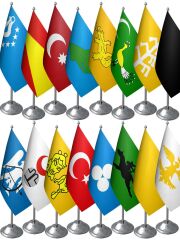17'li Eski Türk Devletleri Masa Bayrakları Seti - 17 Krom Direk + 17 Bayrak
