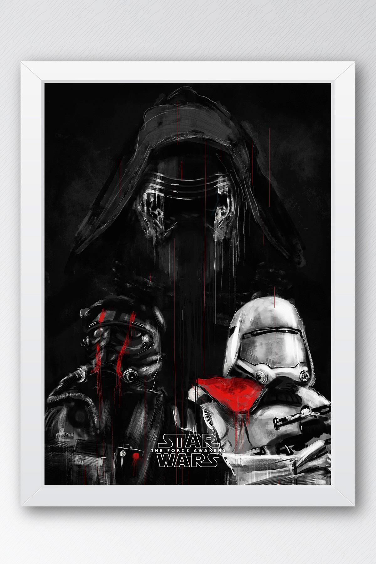 Star Wars Çerçeveli Tablo - Uzay Savaşları Güç Uyanıyor Fim Posteri Tablo 30x42 - Beyaz
