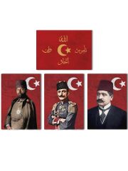 İttihat Terakki Sancağı Kanvas Tablo Seti 4'lü 40x55cm Enver Paşa Talat Paşa Cemal Paşa İttihat Bayrağı
