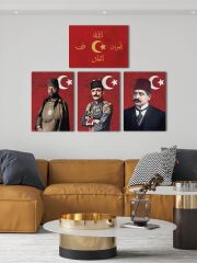 İttihat Terakki Sancağı Kanvas Tablo Seti 4'lü 40x55cm Enver Paşa Talat Paşa Cemal Paşa İttihat Bayrağı