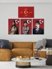 İttihat Terakki Sancağı Kanvas Tablo Seti 4'lü 40x55cm Enver Paşa Talat Paşa Cemal Paşa İttihat Bayrağı