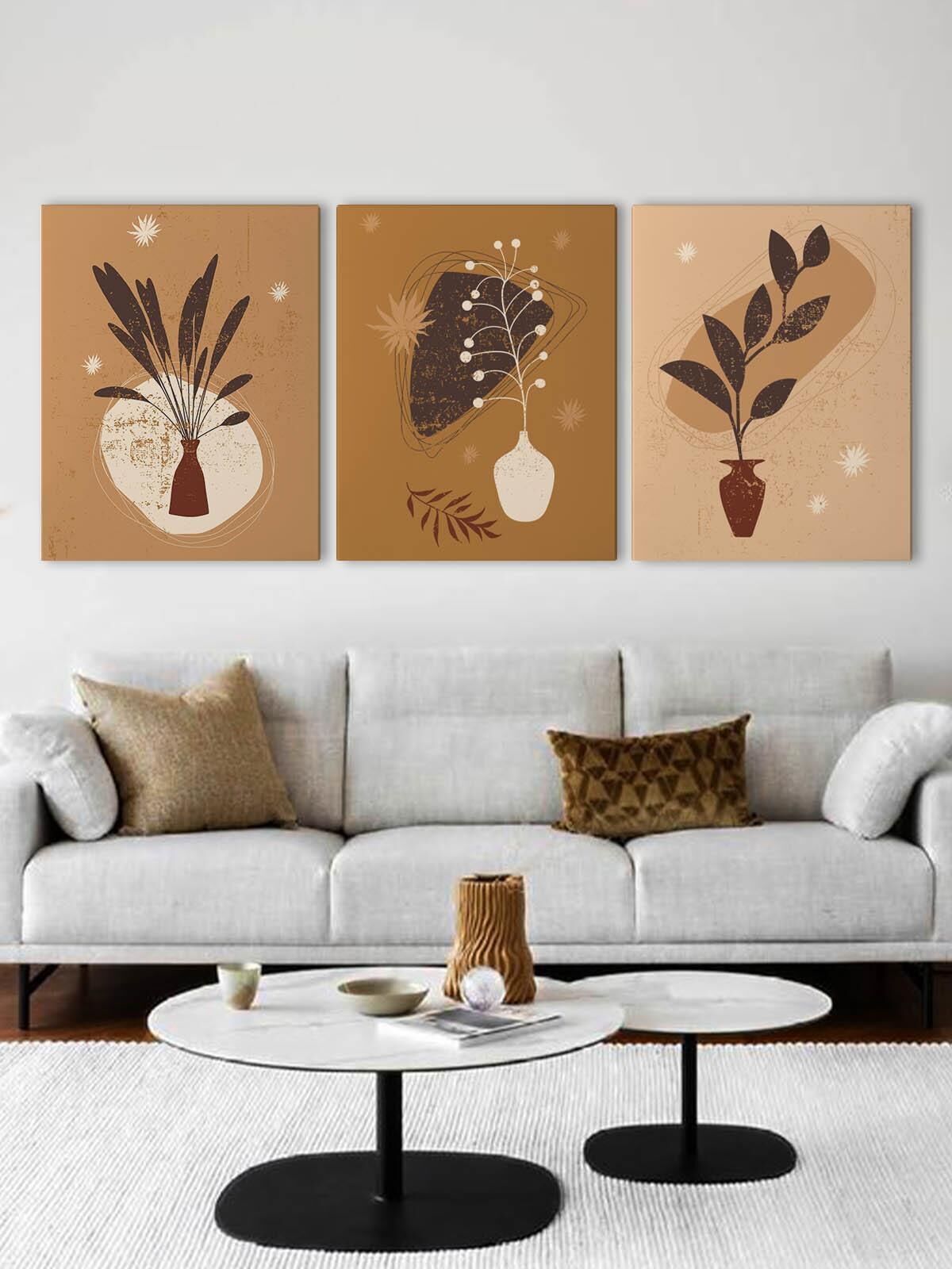 Bohem Stili Kanvas Duvar Tablosu 3'lü Tablo Seti 40x55cm Toprak Renkleri Boho Flowers Canvas