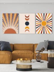 Bohem Stili Kanvas Duvar Tablosu 3'lü Tablo Seti 40x55cm Boho Güneş Ay Canvas