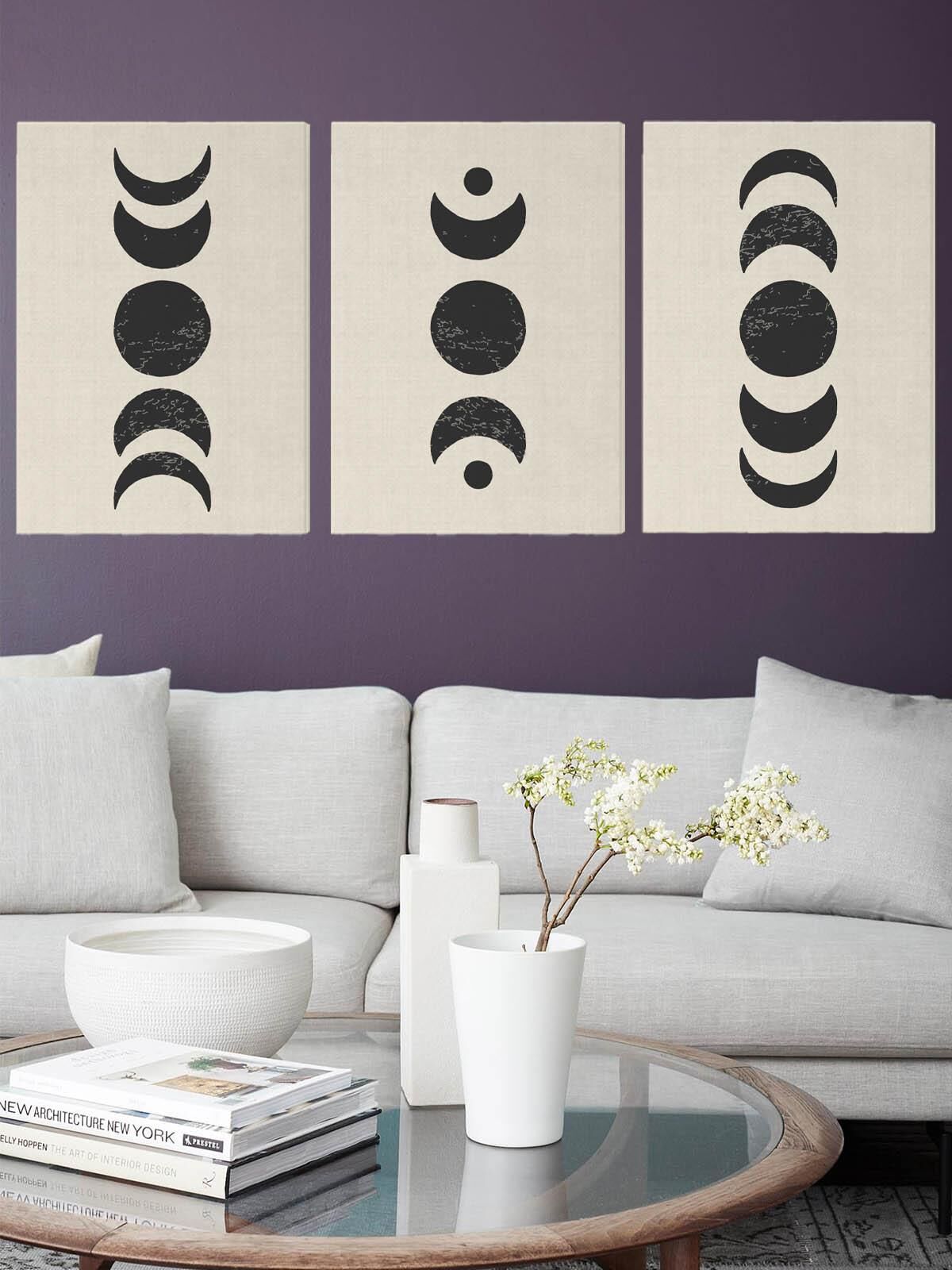 Minimalist Ay Aşamaları Kanvas Duvar Tablosu 3'lü Tablo Seti 40x55cm Boho Güneş Ay Canvas