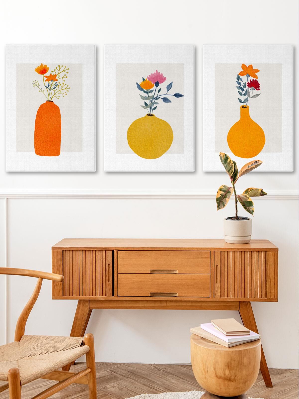 Bohem Kır Çiçekleri Kanvas Duvar Tablosu 3'lü Tablo Seti 40x55cm Minimal Floral Canvas