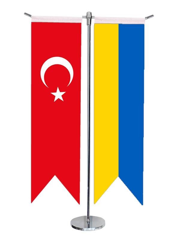Masa Üstü Kırlangıç Ukrayna Bayrağı Türk Bayrağı + Krom T Direk Masa Bayrak Seti