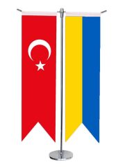 Masa Üstü Kırlangıç Ukrayna Bayrağı Türk Bayrağı + Krom T Direk Masa Bayrak Seti
