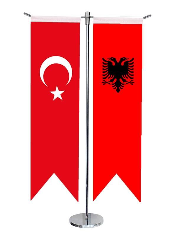 Masa Üstü Kırlangıç Arnavutluk Bayrağı Türk Bayrağı + Krom T Direk Masa Bayrak Seti