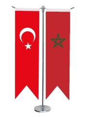 Masa Üstü Kırlangıç Fas Bayrağı Türk Bayrağı + Krom T Direk Masa Bayrak Seti