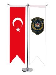 Masa Üstü Kırlangıç Polis Özel Harekat Türk Bayrağı + Krom T Direk Masa Bayrak Seti