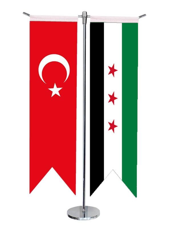 Masa Üstü Kırlangıç Özgür Suriye Ordusu Bayrağı Türk Bayrağı + Krom T Direk Masa Bayrak Seti