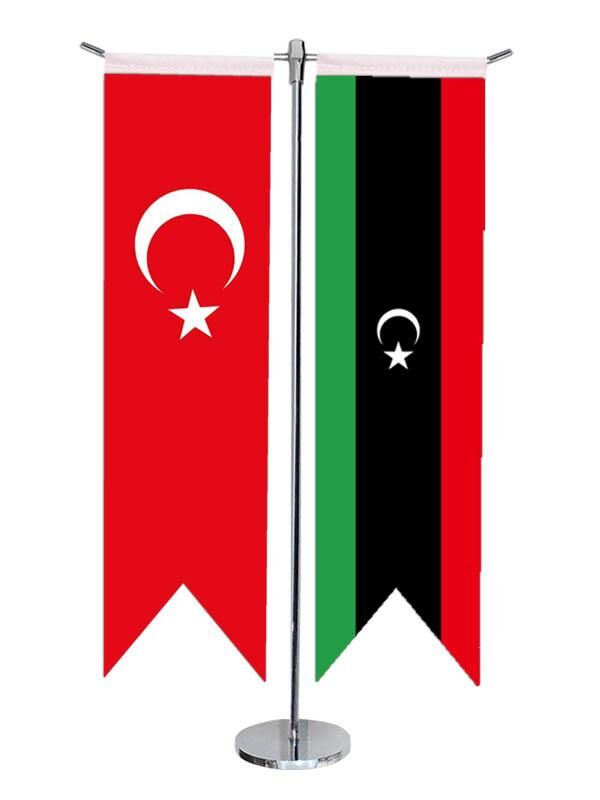 Masa Üstü Kırlangıç Libya Bayrağı Türk Bayrağı + Krom T Direk Masa Bayrak Seti
