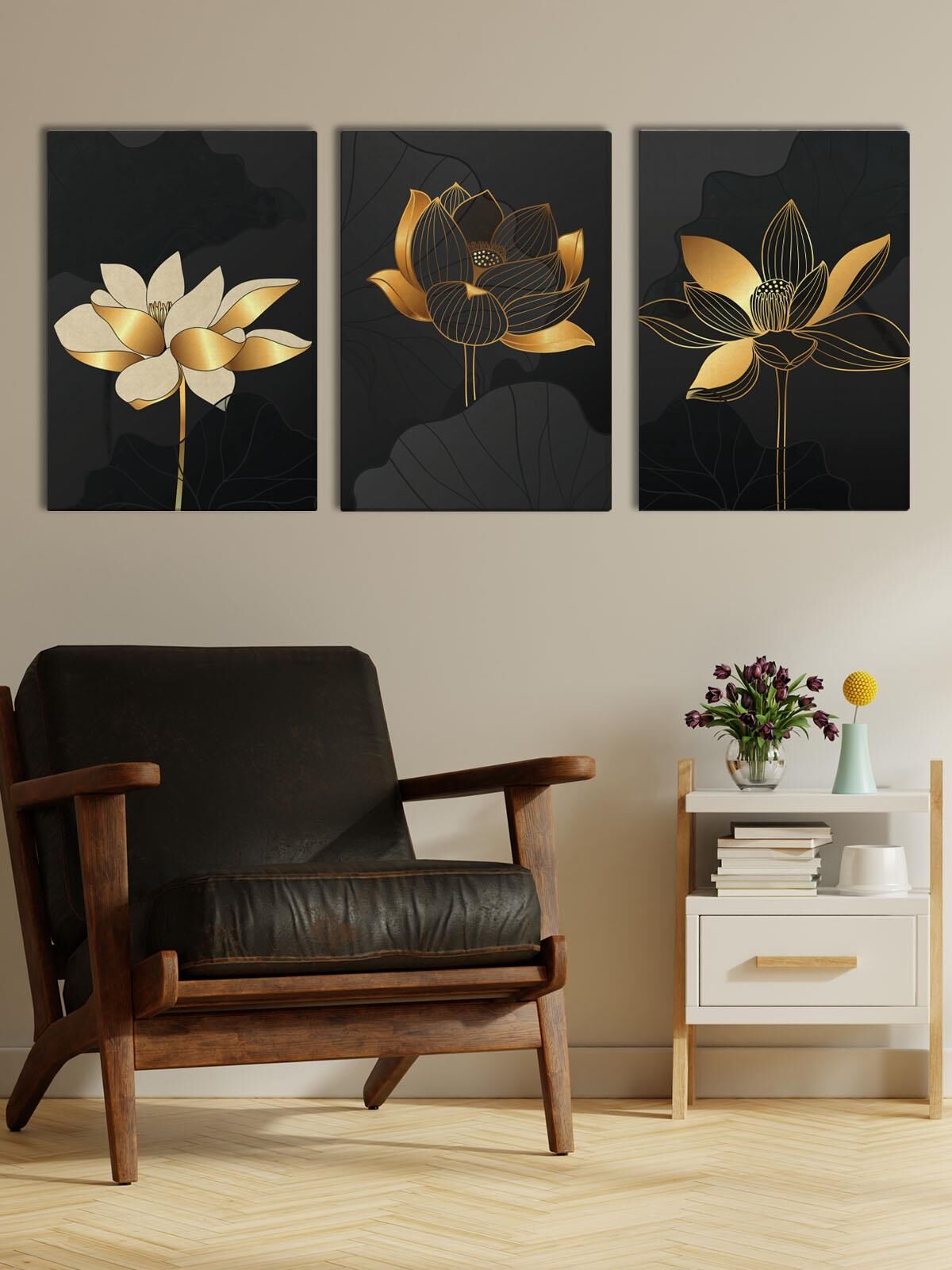 Modern Sanat Altın Çiçekler Kanvas Tablo Seti 3 Adet x 40x55cm