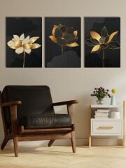 Modern Sanat Altın Çiçekler Kanvas Tablo Seti 3 Adet x 40x55cm