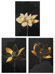 Modern Sanat Altın Çiçekler Kanvas Tablo Seti 3 Adet x 40x55cm