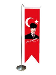 Masa Üstü Kırlangıç Atatürklü Masa Bayrağı + Krom L Direk Masa Bayrak Seti