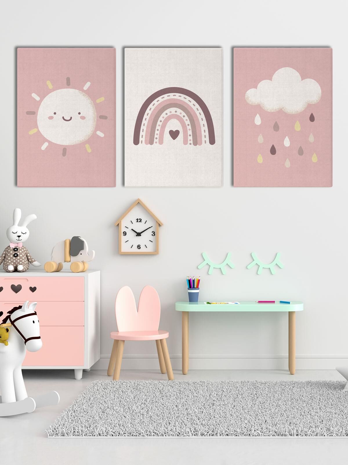 Çocuk Odası - Kreş Kanvas Tablo Seti 3 Adet x 40x55cm Güneş Bulut Gökkuşağı