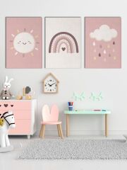 Çocuk Odası - Kreş Kanvas Tablo Seti 3 Adet x 40x55cm Güneş Bulut Gökkuşağı