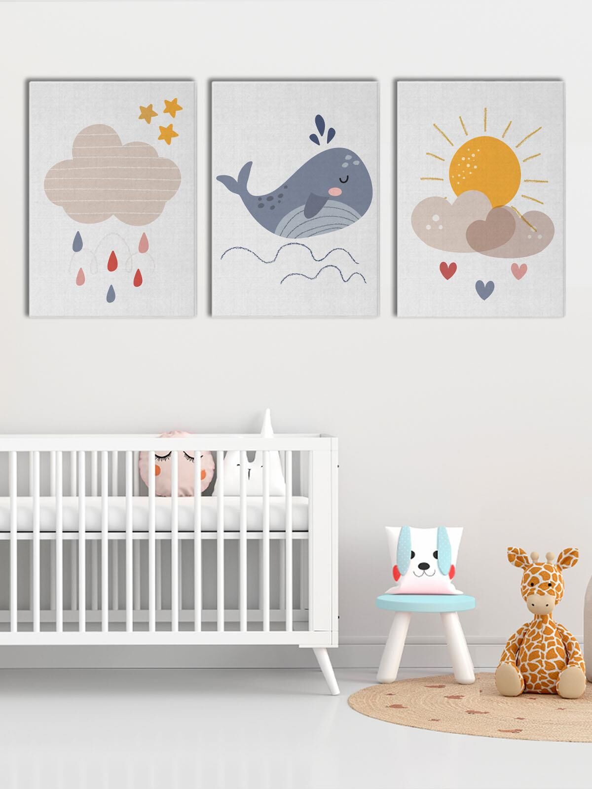 Çocuk Odası ve Kreşler İçin Kanvas Tablo Seti 3 Adet x 40x55cm Güneş Bulut Balina