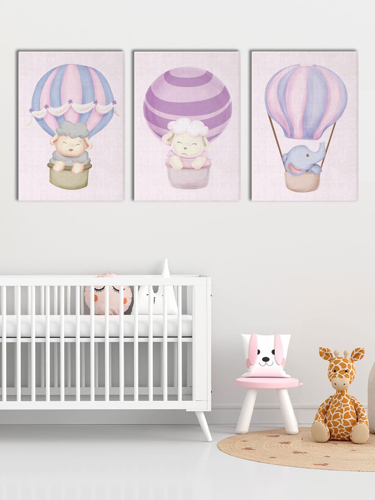 Çocuk Odası ve Kreşler İçin Kanvas Tablo Seti 3 Adet x 40x55cm Balonla Uçan Hayvanlar