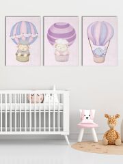 Çocuk Odası ve Kreşler İçin Kanvas Tablo Seti 3 Adet x 40x55cm Balonla Uçan Hayvanlar