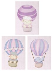 Çocuk Odası ve Kreşler İçin Kanvas Tablo Seti 3 Adet x 40x55cm Balonla Uçan Hayvanlar