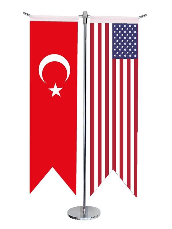 Masa Üstü Kırlangıç Amerika + Türk Bayrağı + Krom T Direk Masa Bayrak Seti