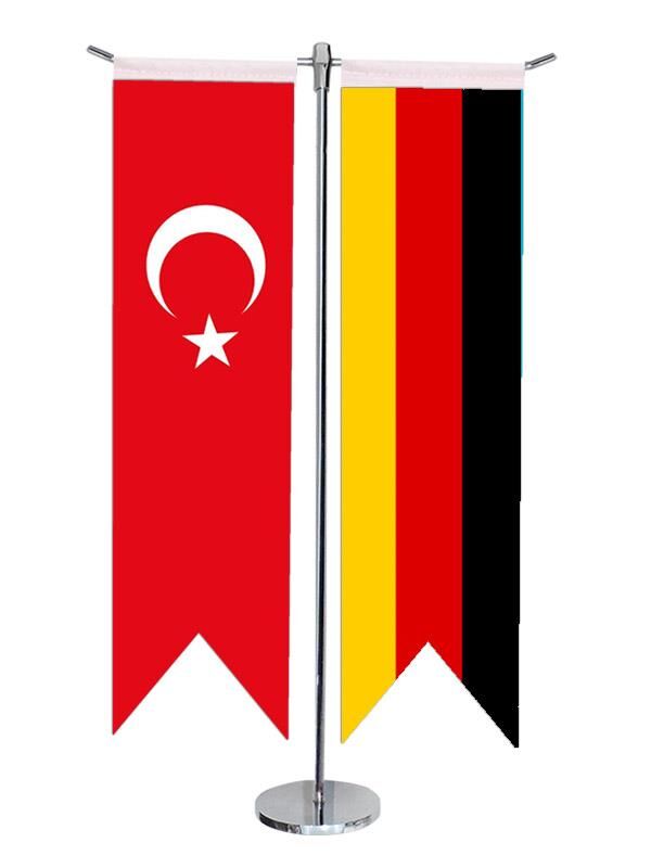 Masa Üstü Kırlangıç Almanya + Türk Bayrağı + Krom T Direk Masa Bayrak Seti