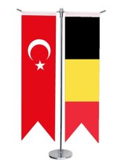 Masa Üstü Kırlangıç Belçika + Türk Bayrağı + Krom T Direk Masa Bayrak Seti